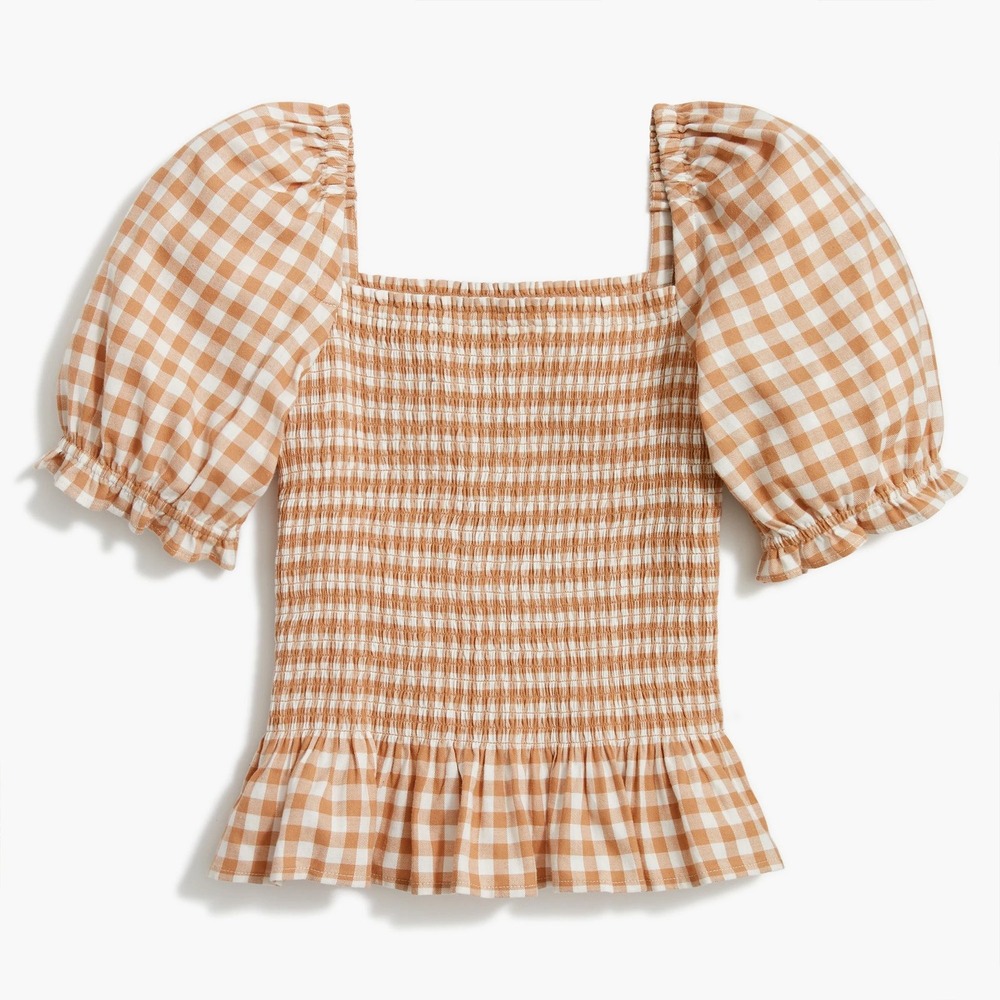 J.Crew Re-Imagined Gingham Smocked Puff Sleeve Peplum Top Tan White Sz XL Preppy